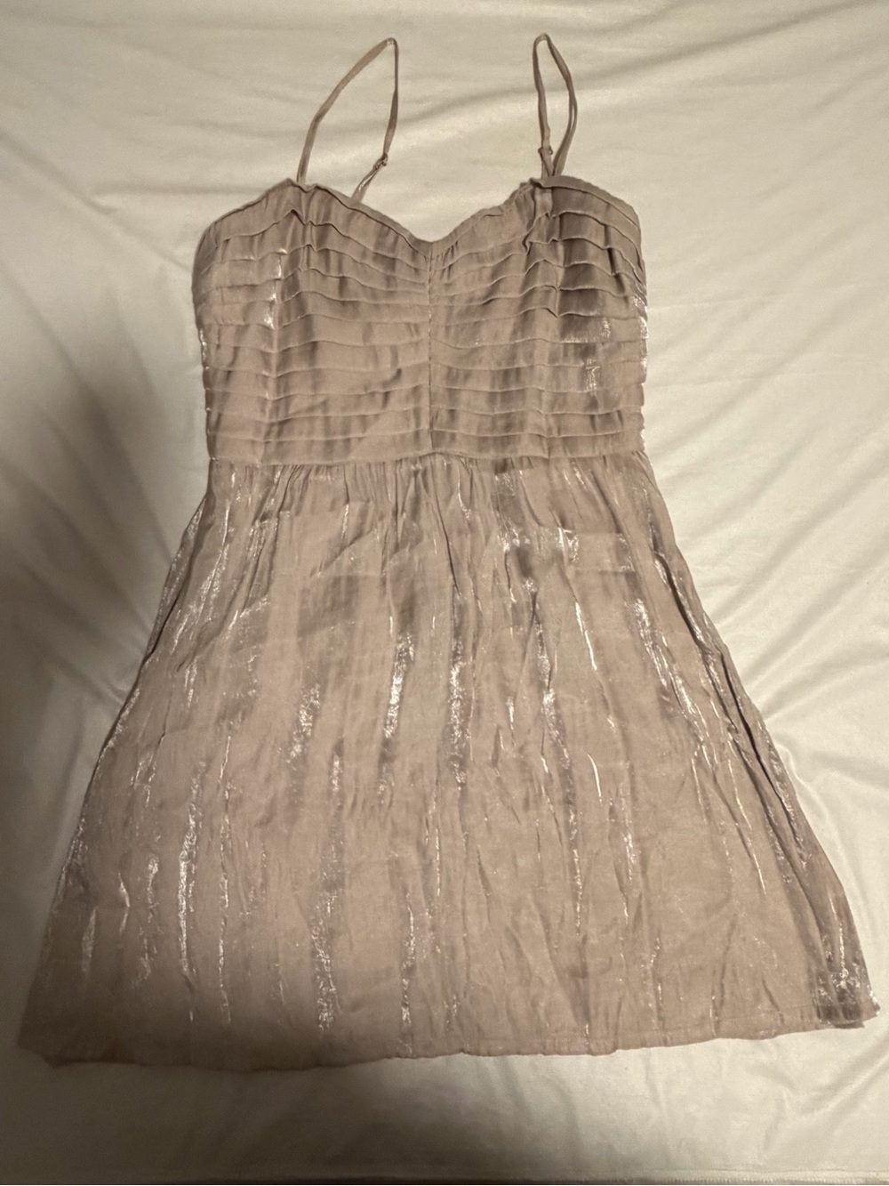 Silence + Noise Taupe Shimmer Pleated Bodice Spaghetti-Strap Mini Dress